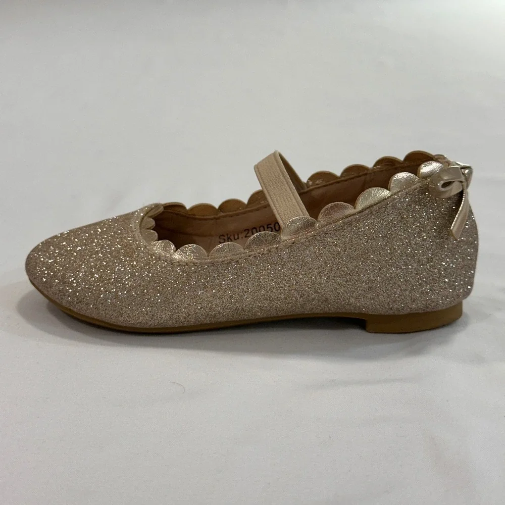 Laura Ashley Glitter‎ Scalloped Ballet Flats Kids Size 6 Gold Bow | Princesscore